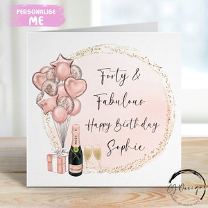 Biglietto di auguri personalizzato per il 40° compleanno con palloncini a tema oro rosa e oro 30° 50° 60° 70° 80° 90°