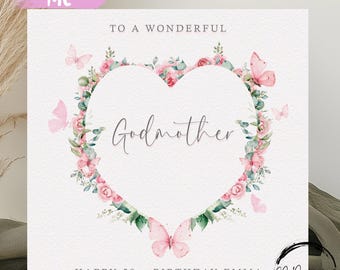 Carte d'anniversaire personnalisée pour marraine, fleurs roses et cadre coeur papillon, pour tous les âges
