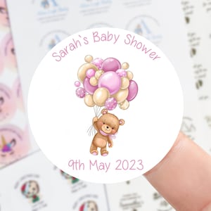 Personalisierte Babyparty Aufkleber - Teddybär und rosa Ballons Babypartybevorzugungen Danke Aufkleber - süße Kegel Aufkleber 37mm / 45mm / 51mm / 64mm