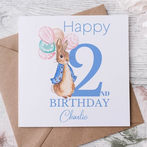 Personalisierte Peter Rabbit 2. Geburtstagskarte Junge / Mädchen Pink oder Blau 1., 2., 3., 4., 5