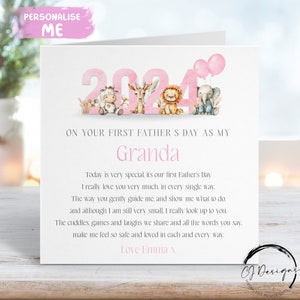 Carte personnalisée pour la fête des pères de grand-mère - couleur rose thème de la jungle Première fête des pères comme poème de ma grand-mère - prénom n'importe quelle expression 1ère fête des pères