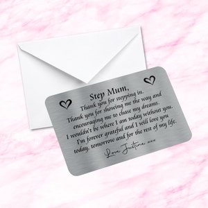 Gepersonaliseerde stiefmoeder sentimentele aandenken metalen portemonnee kaart citaat bedankt dat je erbij bent geweest Moederdagcadeau