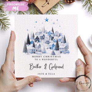 Personalisierte Bruder & Freundin Weihnachtskarte - Blaue Farbthema Weihnachtsscence Paar-Karte