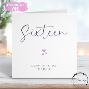 Carte d'anniversaire personnalisée pour 16 ans - carte de voeux calligraphie imprimée violette et grise pour tous les âges 18 ans, 21 ans, 30 ans, 40 ans, 50 ans, 60 ans, 70 ans, 80 ans, 90 ans,