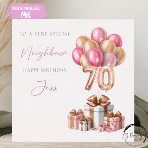 Carte d'anniversaire personnalisée avec un voisin, tout âge/nom, ballons roses et dorés, numéro 18, 21, 30, 40, 45, 50, 60, 65, 70, 80, 90,