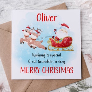 Personalised Christmas Card for Great Grandson, Santa and Sleigh, Card for Him, Merry Christmas Greeting Card Personalised Name