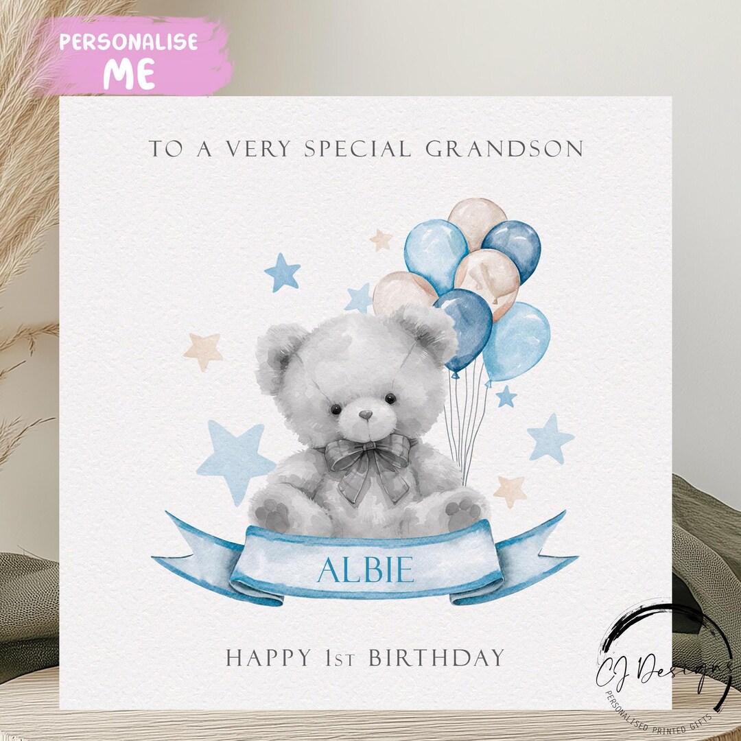 Birthday Card for Grandson Personalised Teddy Bear, Blue Banner ...