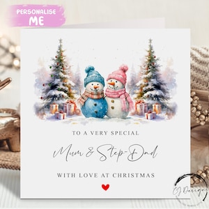 Carte de Noël pour maman et beau-père - Carte de scène de Noël parents et bonhomme de neige pour couple et coeur rouge