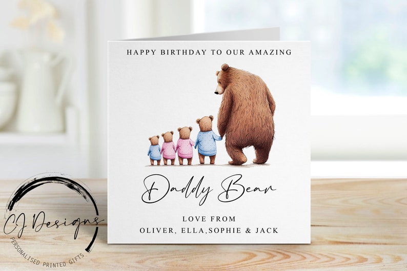 Personalised Daddy Bear Birthday Card from upto 4 Children Daddy and Baby Bear Card for Him Medium or Large card Name/ Age 40th 50th 60th image 4