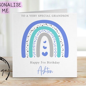 Carte d'anniversaire personnalisée de petit-fils - carte de voeux arc-en-ciel bleu - carte pour lui tout âge/nom 1, 2, 3, 4, 5, 6, 7, 8