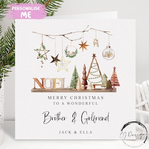 Carte de Noël personnalisée frère et petite amie - bohème, carte de couple thème rustique avec noms