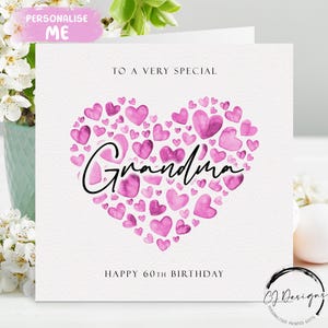 Carte d'anniversaire personnalisée grand-mère, coeurs roses TOUT TEXTE /ÂGE 40e 45e 50e 60e 65e 70e 75e 80e 85e 90e 100e