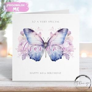 Cartão de aniversário personalizado para avó - Cartão de felicitações com tema de borboleta roxa para ela, qualquer idade, 40, 50, 60, 65, 70, 75, 80, 85, 90