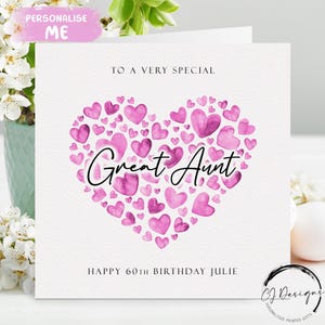 Tarjeta de cumpleaños personalizada para tía abuela, corazones rosas CUALQUIER TEXTO/EDAD/Nombre 30, 40, 45, 50, 60, 65, 70, 75, 80, 85, 90, 95, 100
