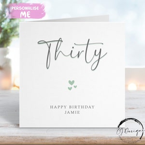 Carte personnalisée du 30e anniversaire - Carte de voeux calligraphie imprimée verte et grise Tout âge 16e 18e 21e 40e 50e 60e, 70e, 80e, 90e,