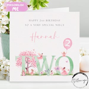 Personalisierte Geburtstagskarte für Nichte Rosa & Grüne Fee Geburtstagskarte - Kleines Mädchen 2.Geburtstag Zwei