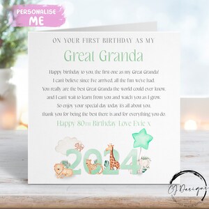 Cartão de aniversário personalizado para bisavô - Tema selva verde Primeiro aniversário como meu poema QUALQUER idade/nome PALAVRAS 1º 60º 65º 70º 75º 80º 90