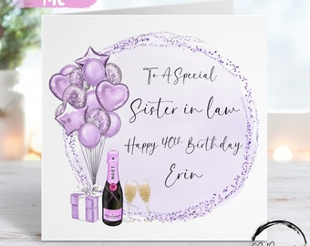 Personalised Sister in law Birthday Card Purple Theme Balloons Any Age 18th 20th 21st 30th 40th 50th 60th 70th 80th 90th 100th