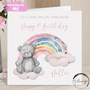 Cartão de aniversário personalizado para filha ursa - ursinho fofo e arco-íris qualquer idade e nome para seu 1º 2º 3º 4º 5º 6º 7º 8º 9º 10º
