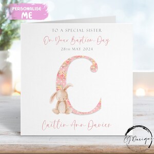 Tarjeta de bautizo personalizada para hermana, con nombre inicial y fecha, tarjeta de felicitación de conejito, recuerdo del día del bautizo para ella.