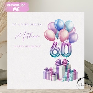 Carte d'anniversaire personnalisée pour une mère, tout âge, ballons multicolores pastel 30e 40e 50e 55e 60e 65e 70e 75e 80e 85e 90e 95e