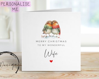 Wife Christmas Card -Loving Robin Couple Card and Red Heart