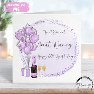 Carte d'anniversaire personnalisée grande nounou à thème violet ballons tout âge 40e 50e 60e 70e 80e 90e 100e 65e 75e 85e