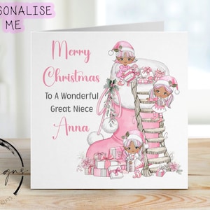 Personalisierte Weihnachtskarte für große Nichte, rosa Elfen & Weihnachtsstrumpf - für kleine Mädchen - mit Namen