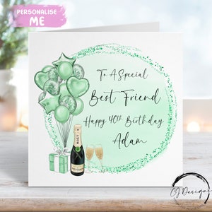 Carte d'anniversaire personnalisée meilleur ami, ballons à thème vert, tout âge 16ème 18ème 19ème 20ème 21ème 25ème 30ème 40ème 45ème 50ème 50ème 60ème 70ème 80ème 90ème