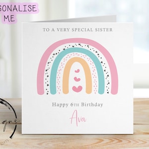 Tarjeta de cumpleaños personalizada para hermana - Tarjeta de felicitación de arcoíris rosa - Tarjeta para ella - Cualquier edad y nombre 1.º, 2.º, 3.º, 4.º, 5.º, 6.º, 7.º, 8.º, 9.º