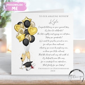 Tarjeta de graduación con poema personalizado para sobrino (con birrete, pergamino, champán y globos) - A mi/a nuestro nombre - Tarjeta universitaria con verso para cualquier año