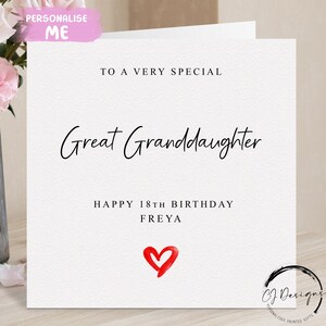 Carte d'anniversaire personnalisée pour arrière-petite-fille, coeur rouge N'IMPORTE QUELLE MENTION /ÂGE/nom 15e 16e 18e 20e 21e 25e 30e 35e 40e 45e 50e