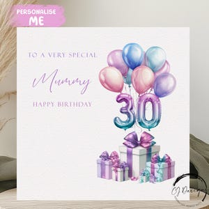 Carte d'anniversaire momie personnalisée, tout âge, ballons multicolores, numéros 21, 25, 30, 40, 50, 55, 60, 65, 70, 75, 80, 85