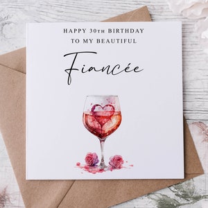 Cartão de aniversário personalizado para noiva, copo de vinho em forma de coração e rosas - Para minha linda esposa, noiva, esposa 30, 40, 50, 60, 70, qualquer idade