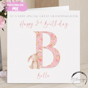 Carte d'anniversaire personnalisée pour arrière-petite-fille, initiales du nom et de la date, carte de voeux alphabet lapin rose, 1er 2e 3e 4e 5e 6e souvenir
