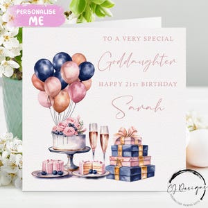 Carte d'anniversaire personnalisée pour filleule, or rose, rose, bleu, cadeau et ballons tout âge/nom 16e 18e 18e 21e 30e 35e 40e 50e 60e 65e