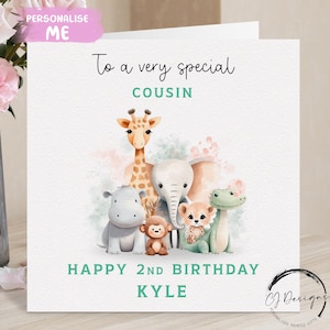 Tarjeta de cumpleaños personalizada para primos con nombre de animales de safari y cualquier edad. Para niños pequeños de 1.º, 2.º, 3.º, 4.º, 5.º, 6.º, 7.º, 8.º, 9.º y 10.º.