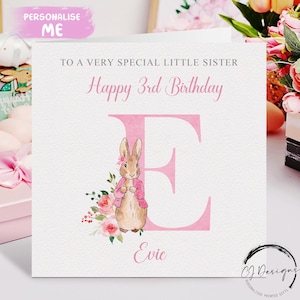 Cartão de aniversário personalizado da irmãzinha do Peter Rabbit, nome inicial/qualquer idade 1º 2º 3º 4º 5º 6º 7º 8º 9º Lembrança Meninas Flopsy