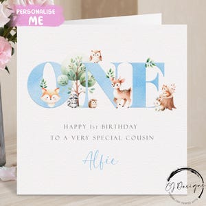 Tarjeta de cumpleaños personalizada para un primo con temática de animales del bosque en azul - Primer cumpleaños