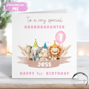 Cartão de aniversário personalizado para neta Tema de festa de animais Nome e idade - Para ela QUALQUER IDADE 1º 2º 3º 4º 5º 6º 7º 8º 9º 10º