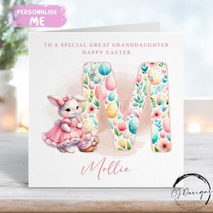 Personalisierte Urenkelin Osterkarte mit Initiale & Name - Kleines Mädchen Osterhase mit Korb Illustration - Karte für Sie