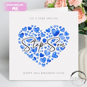 Carte d'anniversaire personnalisée beau-fils, coeurs bleus N'IMPORTE QUELLE TEXTE/ÂGE/ Prénom 16e 18e 18e 21e 25e 30e 35e 40e 45e 50e 60e 70e 80e 90e