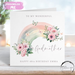 Cartão de aniversário personalizado para madrinha com arco-íris floral e borboletas 16, 18, 21, 30, 40, 50, 60, 70, 80, 90, 100