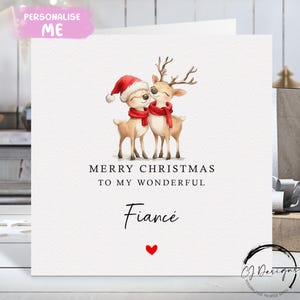 Carte de Noël fiancé - Carte de couple amoureux renne et coeur rouge