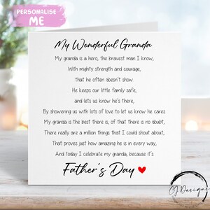 Granda Poem Vatertagskarte, - Mein Granda ist eine Heldenverskarte mit rotem Herzen JEDE BEWORTUNG Kleine oder große Karte
