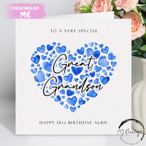 Biglietto di auguri di compleanno personalizzato per pronipote, cuori blu QUALSIASI TESTO /ETÀ/ Nome 13° 14° 15° 16° 17° 18° 21° 25° 30° 40° 45° 50°