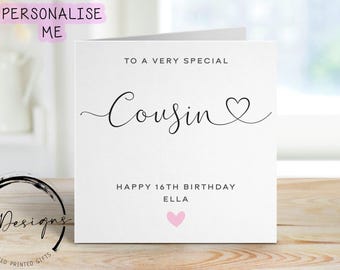 Birthday Card For Cousin, Personalised Pink Heart Font Design