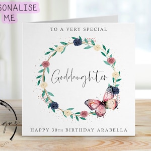 Carte d'anniversaire personnalisée pour filleule - couronne de papillons floraux pastel - tout âge/nom, carte de voeux 18e, 21e, 30e, 40e, 50e, 60e,