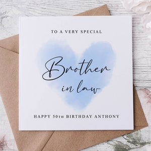 Biglietto di auguri di compleanno personalizzato per cognato, biglietto di auguri di compleanno con cuore blu per lui 30°, 40°, 50°, 60°, 70°, 80°, qualsiasi età e nome 21°