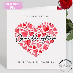 Carte d'anniversaire personnalisée pour petite-fille, coeurs rouges N'IMPORTE QUELLE expression /âge/ nom 13e 14e 15e 16e 18e 21e 25e 30e 35e 40e 45e 50e 60e